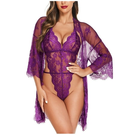

DENGDENG Women Sexy Halter Lingerie Set Lingerie for Women Eyelash Lace Plus Size Floral Bodysuit Babydoll