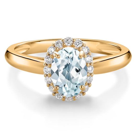Gem Stone King 10K Yellow Gold Sky Blue Aquamarine and White Lab Grown Diamond Halo Engagement Ring for Women (0.88 Cttw, Gemstone March Birthstone, Oval 7X5MM, Size 5)