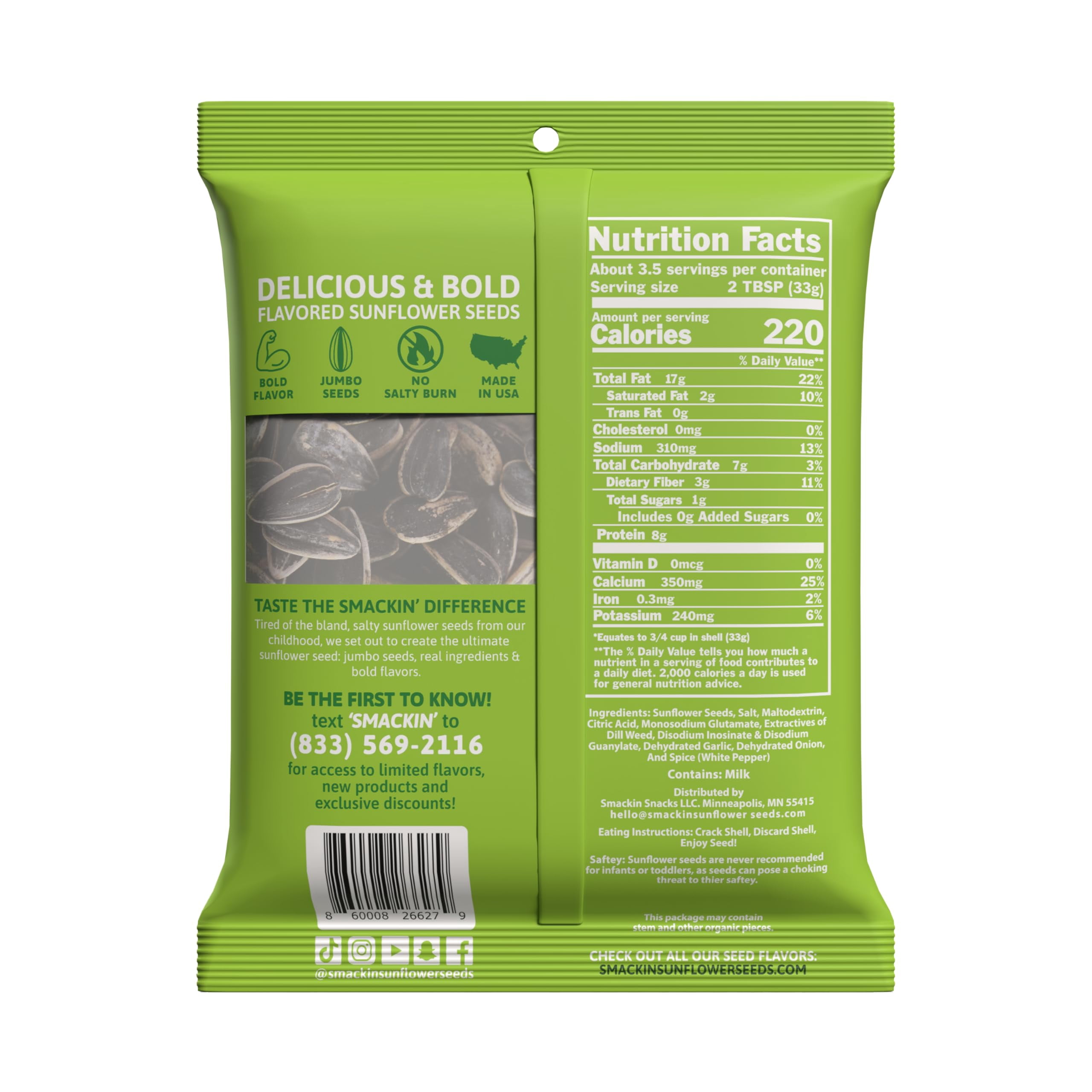 SMACKIN' - Jumbo Roasted Sunflower Seeds, No Salty Burn, American Made, Easy Pour & Seal - Dill Pickle, 4oz bag (12 Bags)