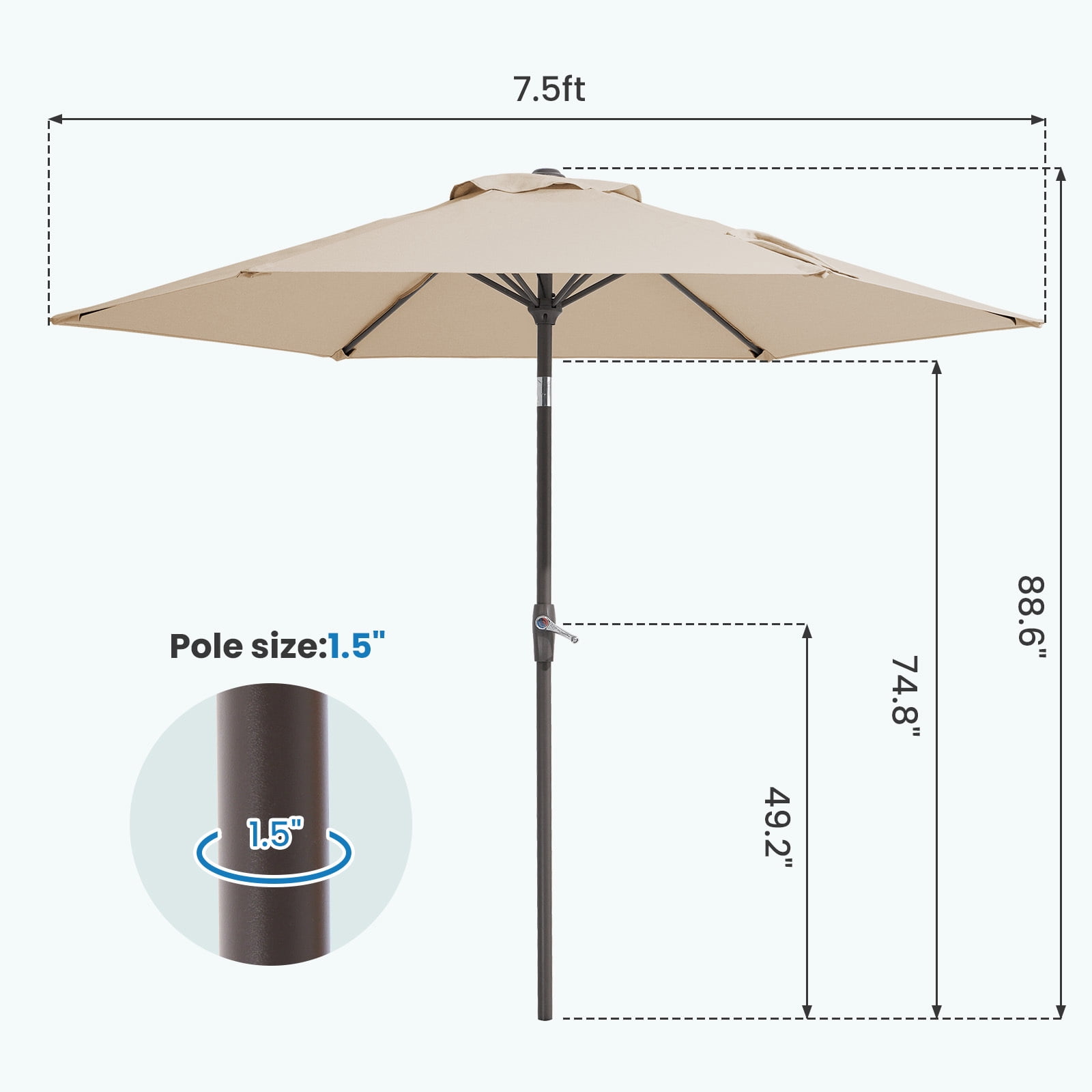 FUNDAZE 7.5' Outdoor Market Patio Umbrella with Push Button Tilt & Crank Lift, UV-Resistant Canopy for Garden, Backyard, Deck, Pool & Patio Dining, Beige