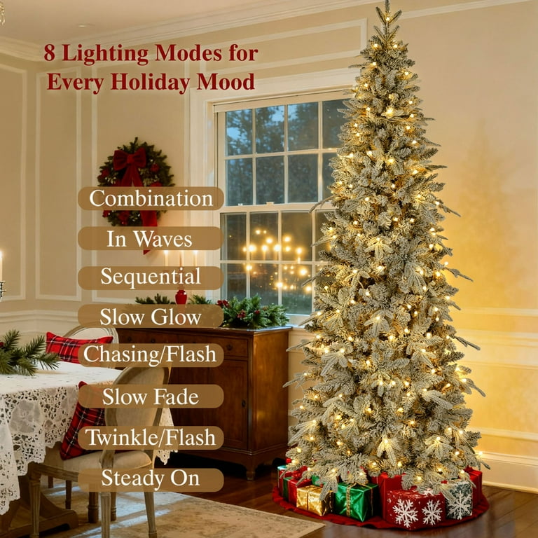 iFanze 7ft XMAS Pre-Lit Snow Flocked Pine Tree with 300 LED Lights