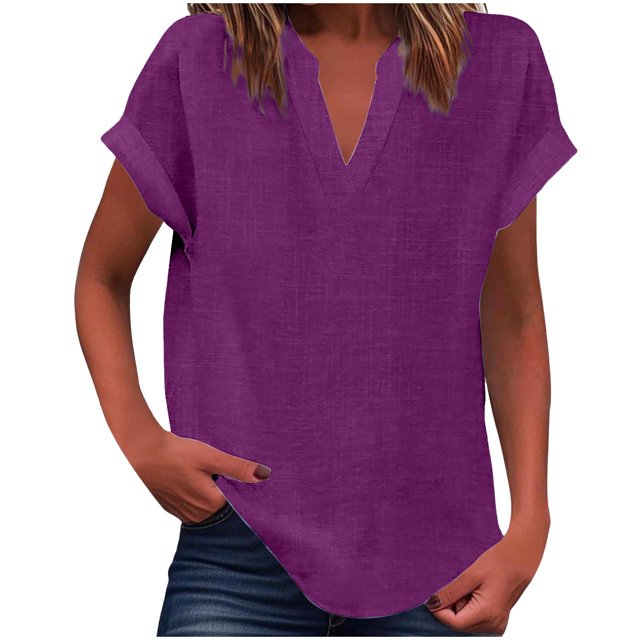 Vestidos Casuales Para Mujer, Blusas De Mujer De Moda Suéter de mujer de color liso de imitación de lino y lino con hombros descubiertos y cuello en V de manga corta a la moda