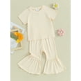 thumbnail image 4 of Musuos Toddler Girl Summer Outfits 1-5T Short Sleeve Ribbed Knit Tops T-Shirts Solid Color Elastic Waist Flare Pants 2Pcs Clothes Set, 4 of 10
