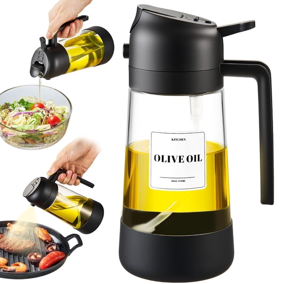 Ratrabas 2-in-1 Oil Sprayer Dispenser 17oz/500ML Silicone Bottom Kitchen Bottle for Cooking BBQ Air Fryer (Black,1PC)