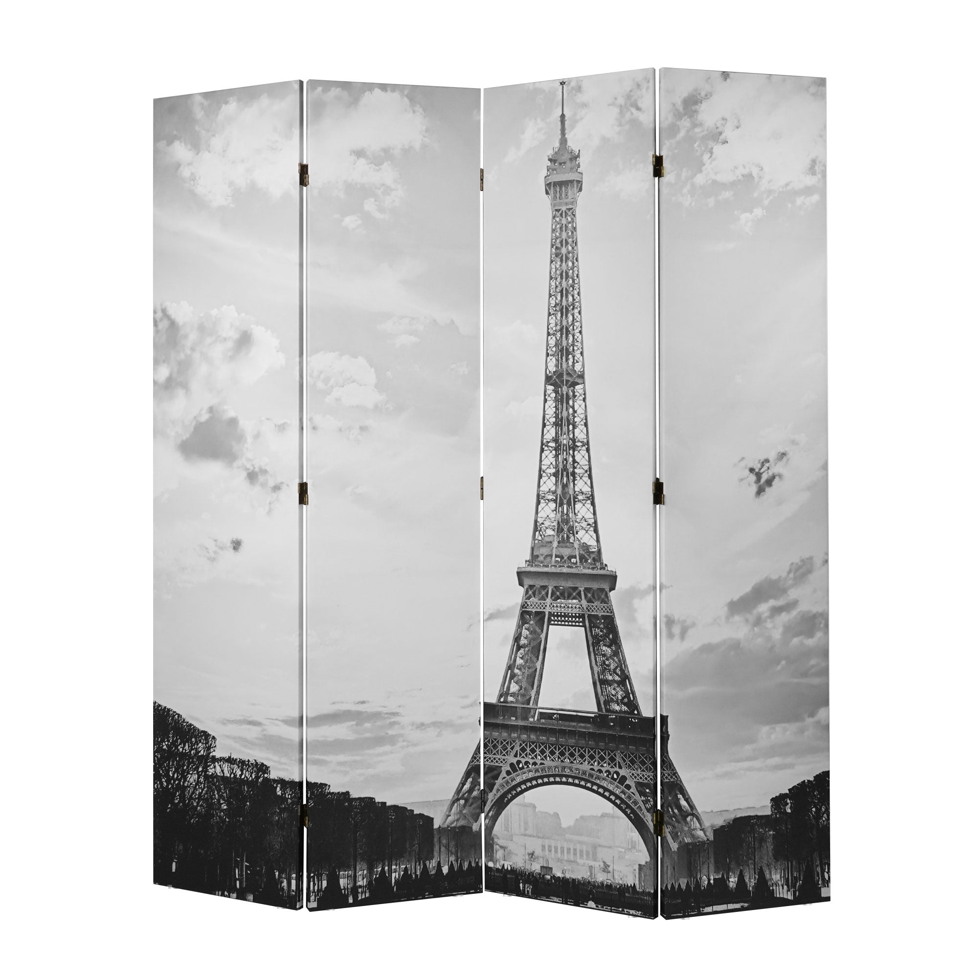 American Art Decor Double-Sided Eiffel Tower & Notre Dame Bike Black & White Canvas Room Divider Privacy Screen, 4 Panels, 70" H x 63" L x 1" D
