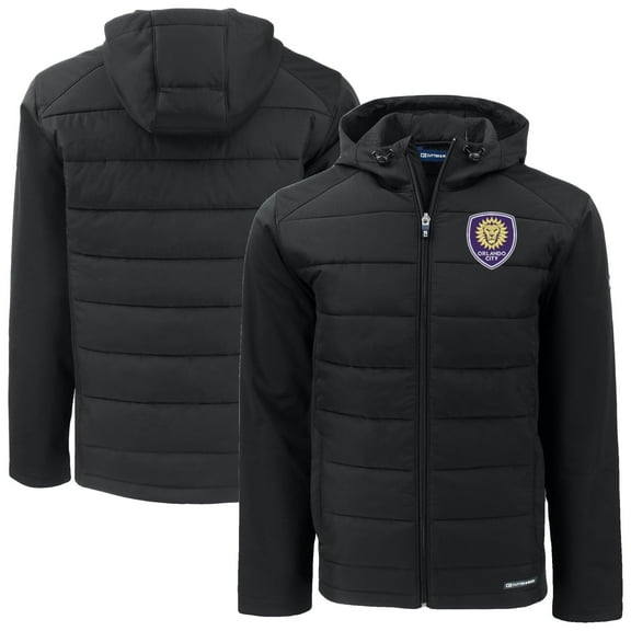Men's-Cutter & Buck  Black Orlando City SC Evoke Hybrid Eco Softshell Recycled Full Zip Hooded Jacket