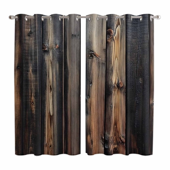 Black Brown Plank Kitchen Curtains 84 Inch Length, Vintage Chic Wooden Grain Grommet Top Bedroom Living Room Curtains, Light Filtering Cafe Curtain Drapes 2 Panels Set 104''x84''