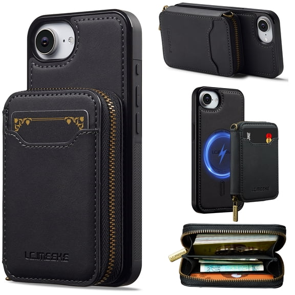 Dteck for iPhone 16e / iPhone 17e Wallet Case with Zipper Purse Compatible with MagSafe, Magnetic RFID Blocking Card Holder 2 in 1 Detachable Phone Cover,Black