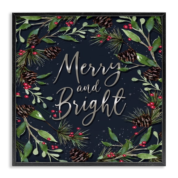 Stupell Industries Merry & Bright with Holly Leaves Quotes and Sayings Painting Black Framed Art Print Wall Art, 12 x 12