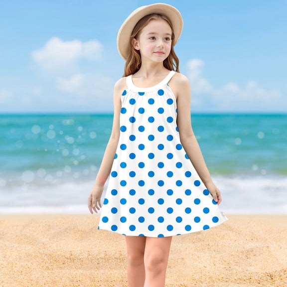 Big Girls Cute Summer Dresses Sleeveless Sundresses 4-14 Years Teens Kids Trendy Polka Dot Printed Pullover Crewneck A-Line Midi Dress