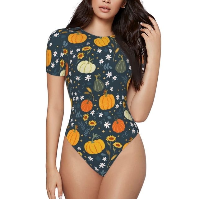 Balery Pumpkin Body de cuello redondo de manga corta para mujer Tops de manga corta Tops básicos-Small