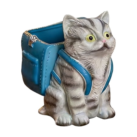 Cat Pen Holder Creative Backpack Kitty Pencil Cup for Desk Organization Cute Animal Stationery Organizer for School and Home Office Decorative Desktop Accessory for Cat Lovers Gray