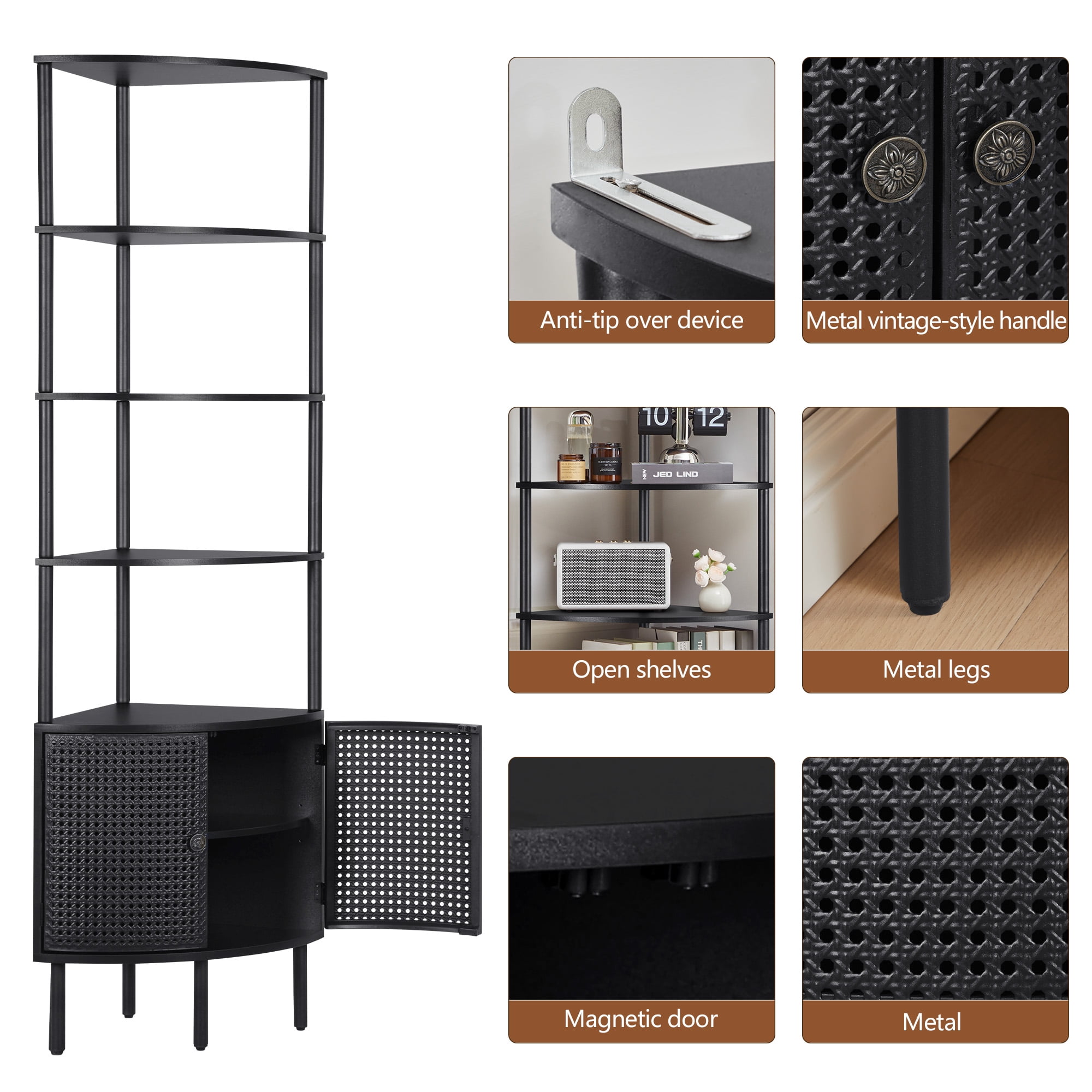 YOCWO 67" Tall Corner Bookshelf with 4-Tier Display Shelves and 2 Door Storage Cabinet, Metal Rattan Door Design, Black