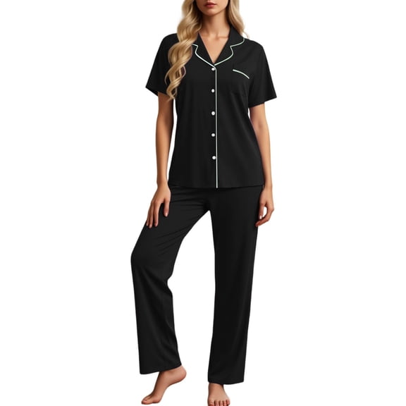 Womens Pajama Sets Women's Summer Short Sleeve Pajama Button Down Shirt Collar Comfortable Sleepwear Two Piece Outfit Solid Color Turn Down Collar Full Length Black L