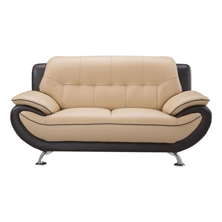 Benjara Diana Loveseat- 2 Tone Brown- Beige Genuine Leather- Pillow Arms- 67"
