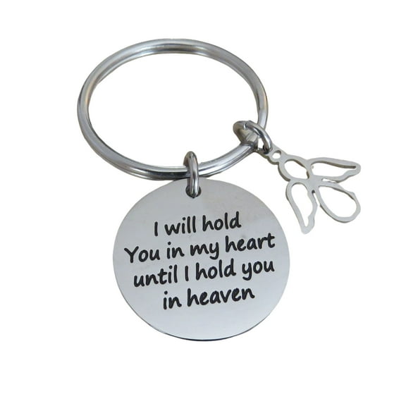 I Will Hold You in My Heart, Until I Hold You in Heaven" Stainless Steel Disc Charm with Angel Charm on a Keyring Memorial Gift
