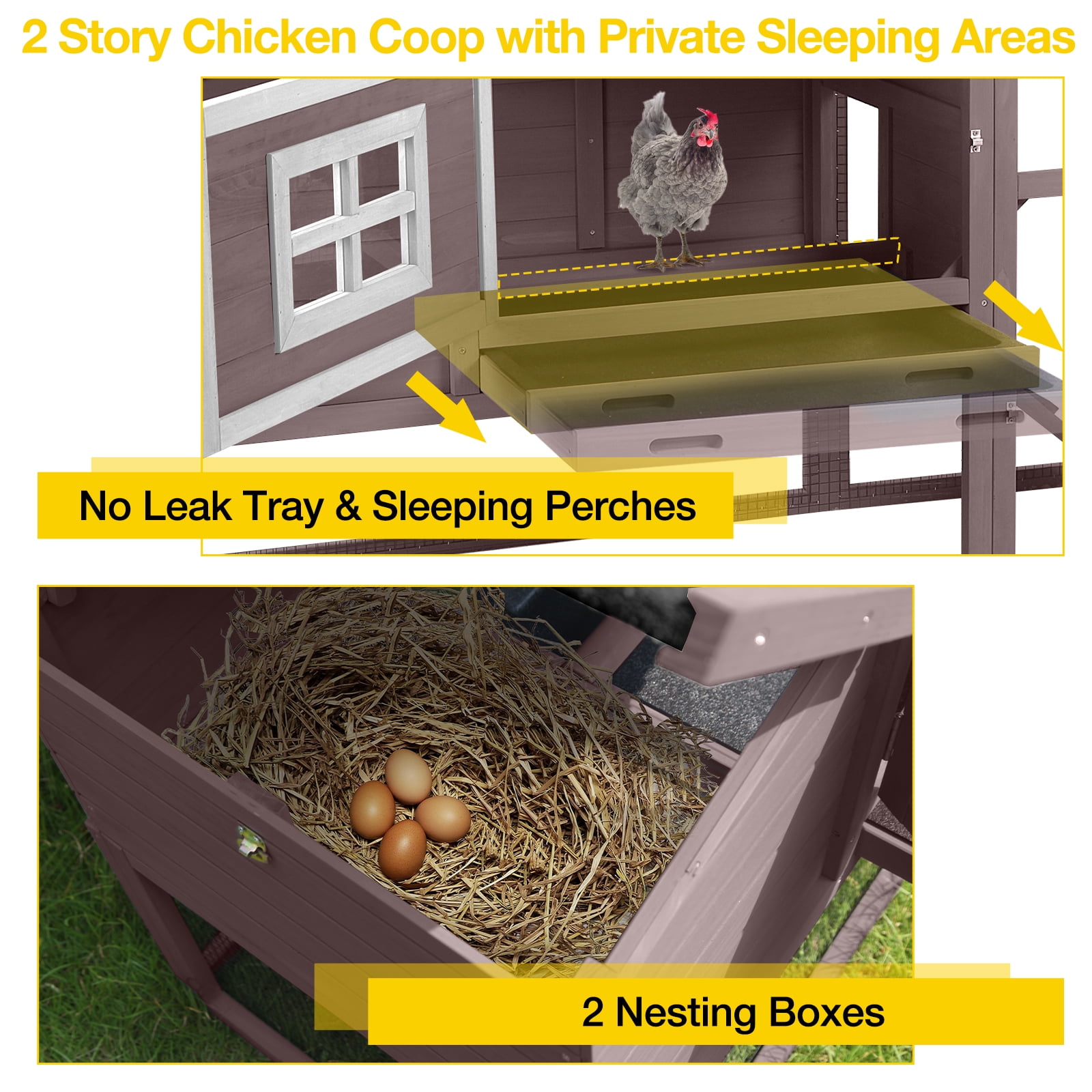Aivituvin Chicken Coop, Mobile Chicken House with Wheels, Outdoor Hen House Poultry Cage with Nesting Box, Leakproof Pull Out Tray and UV-Resistant Roof (Brown)