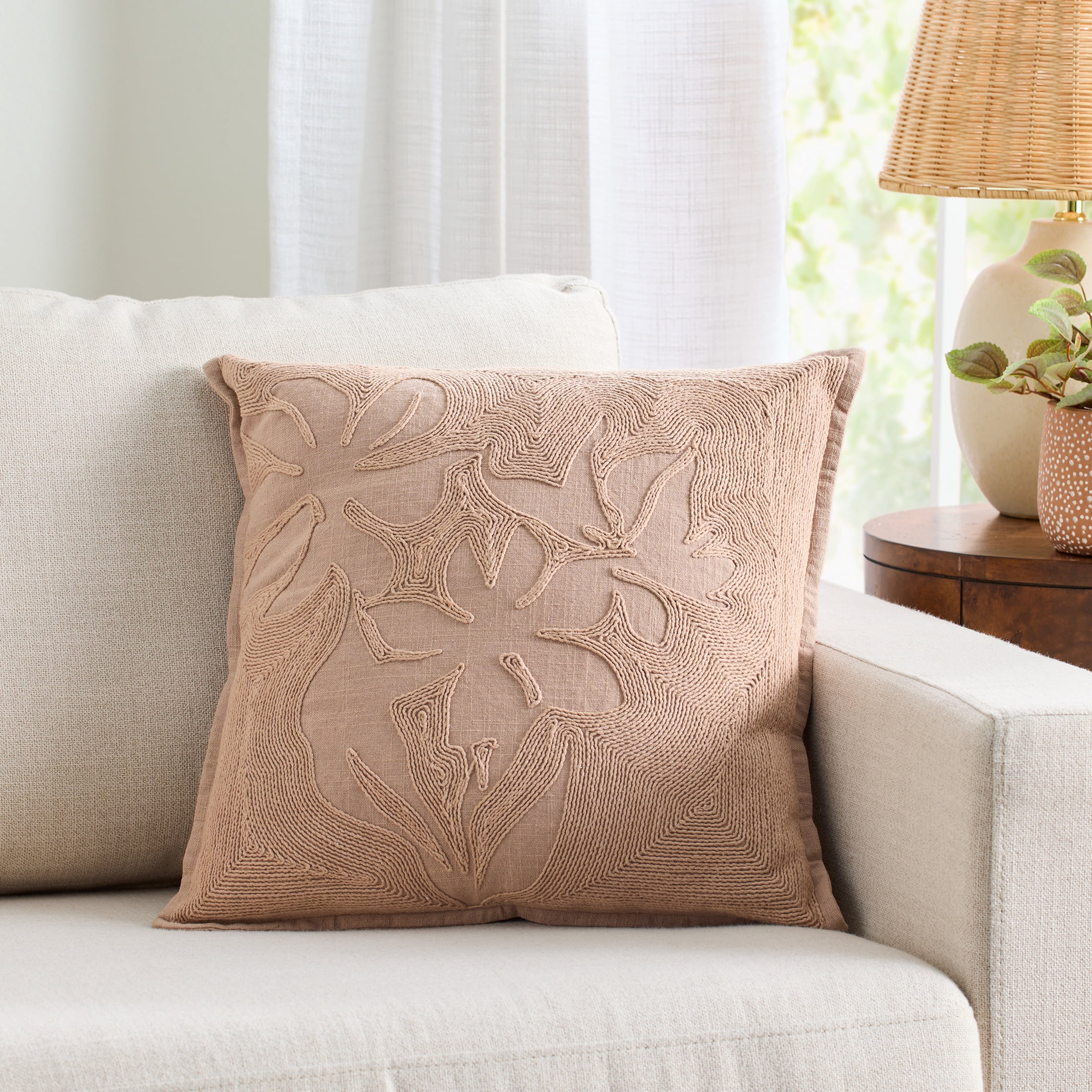 Better Homes & Gardens Sophia 18x18 Inch Embroidered Floral Throw Pillow Cover, Antique Blush