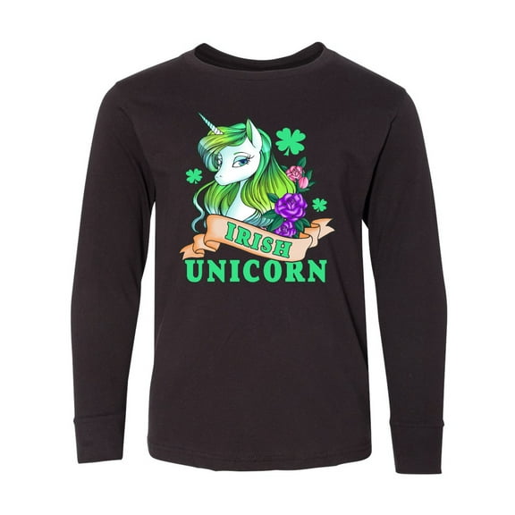 Inktastic St Patricks Day Irish Unicorn Illustration with Shamrocks Long Sleeve Youth T-Shirt