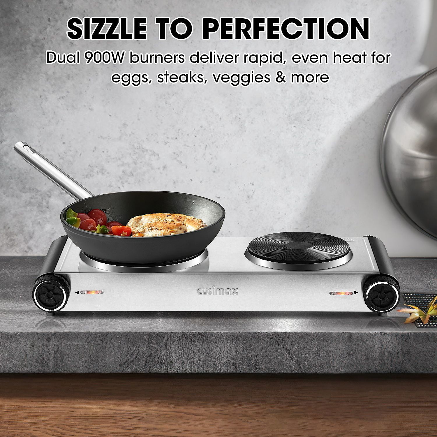 CUSIMAX 1800W Double Burner Hot Plate,Walmart Exclusive Portable Countertop Cast-Iron Stove with Concealed Handle, Independent Heat Controls & Easy-Clean Black Stainless Design