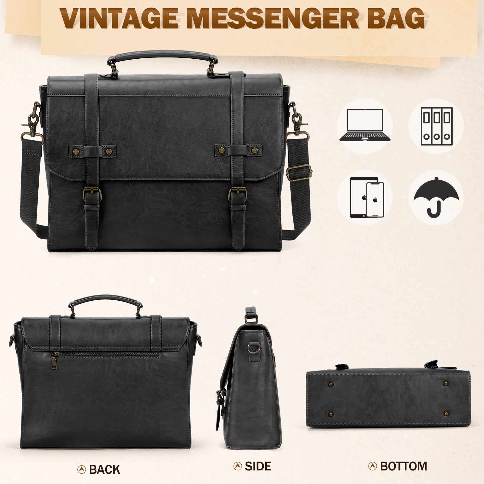 RAINSMORE Mens Messenger Bag 17 Inch Waterproof Vintage Leather Laptop Briefcase Satchel Bag Computer Shoulder Bag Large Laptop Bag for Office Business Travel College,Gray