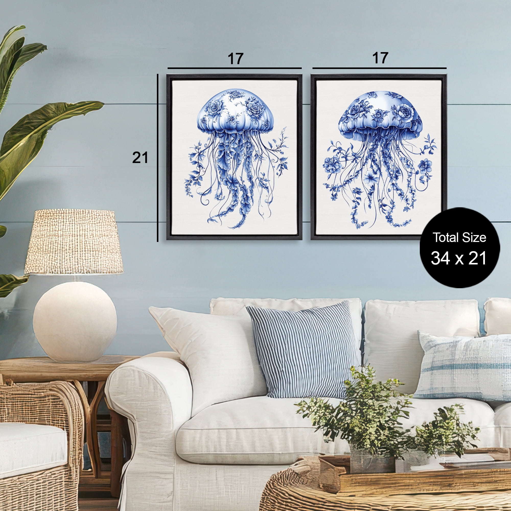Funky Florals Toile Jellyfish 2 Piece Black Framed Floater Canvas Set, design by Lettered and Lined