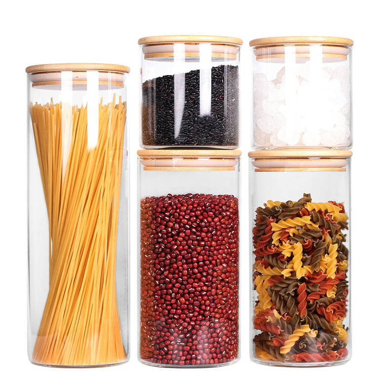 Glass Canisters with Airtight Bamboo Lids for Pantry Storage (4 x 4.13 In,  5 Pack)