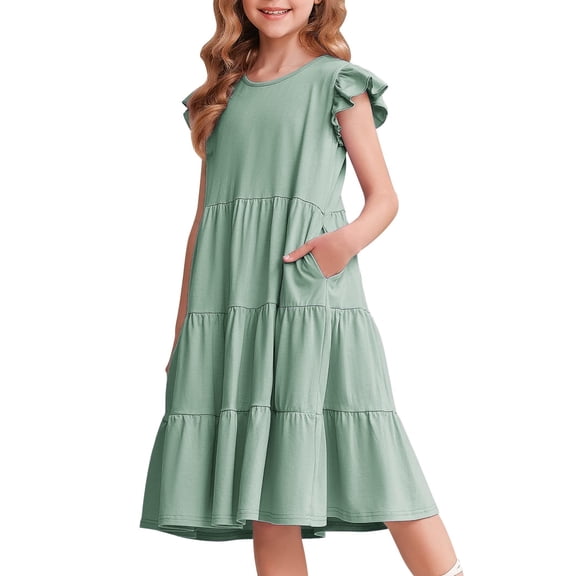 Arshiner Girls Dress Summer Flutter Sleeve Flared Tiered Swing Pleated Midi Cotton Casual Sundress with Pockets