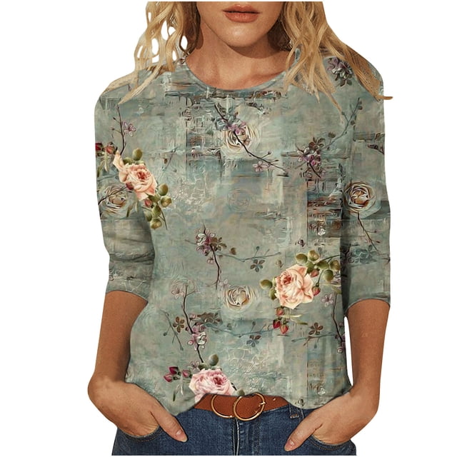 Staron Liquidation Hauts pour Femmes Manches 3/4 Col Ras du Cou Tunique à Imprimé Floral Hauts T-Shirts Basiques Hauts d'Été Chic Décontracté T-Shirts Amples Mignons