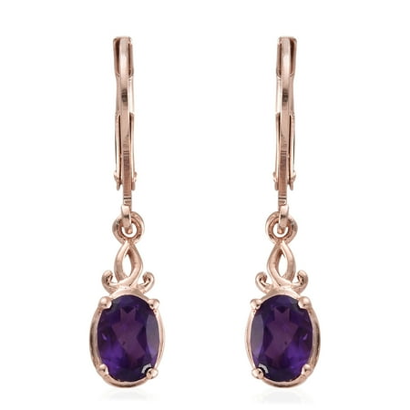 - 925 Sterling Silver 14K Rose Gold Plated Oval Amethyst Dangle Lever Back Earrings Cttw 1