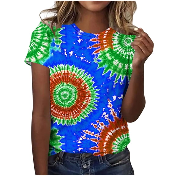 DeHolifer Tie Dye Shirt for Women Plus Size Casual Summer Short Sleeve Lightweight Tee T-Shirts Blue M