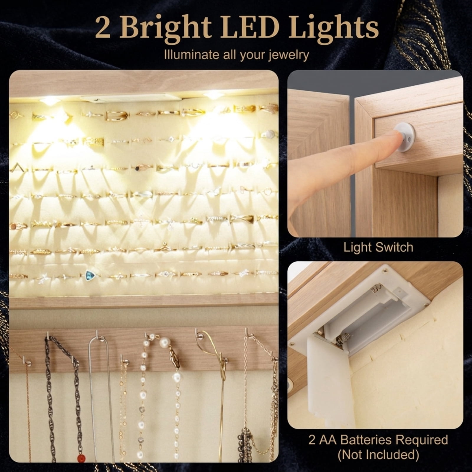 Furnibear Wall and Door Mounted Mirrored Jewelry Cabinet with Lights for Bedroom Dressing Room Jewelry Necklace Rings Storage Mirror, Natural