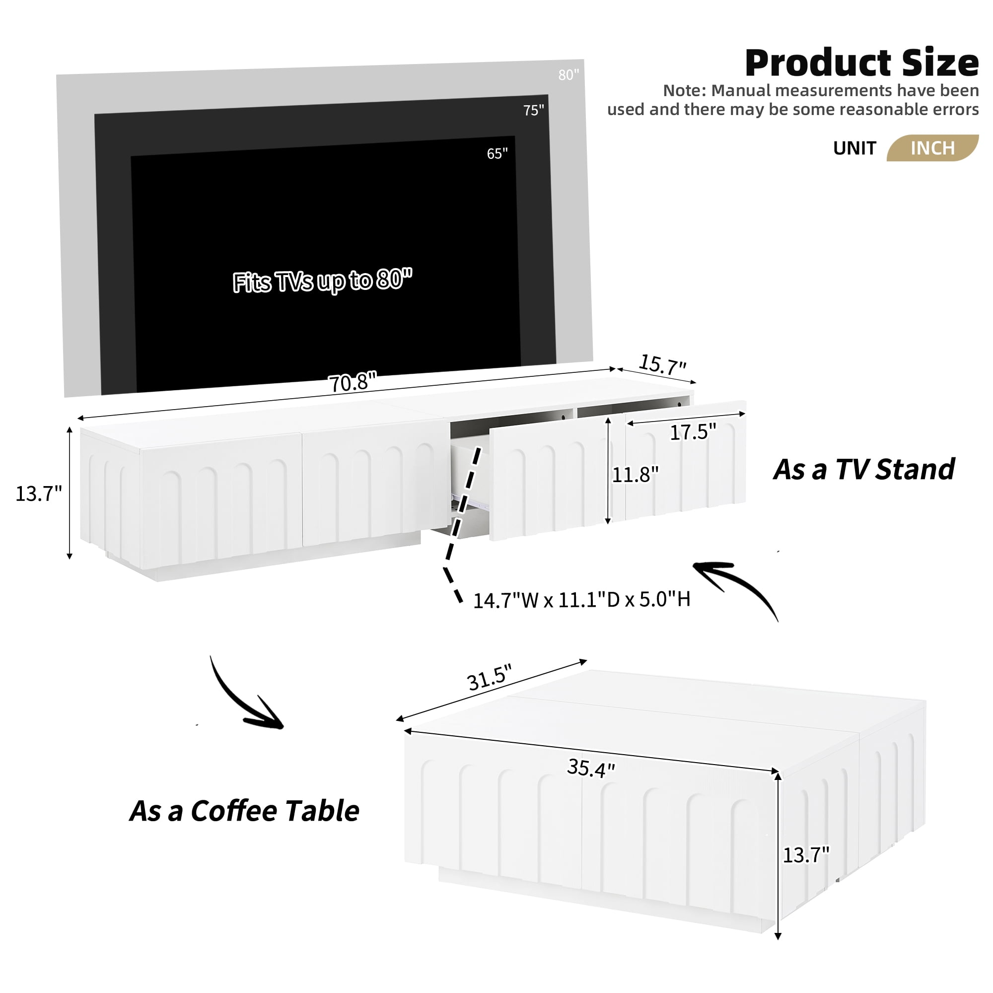 Euroco Elegant TV Stand with Arched Design for TVs Up to 80", Multi-Functional Organizer Cabinet with Storage for Living Room, Bedroom, White