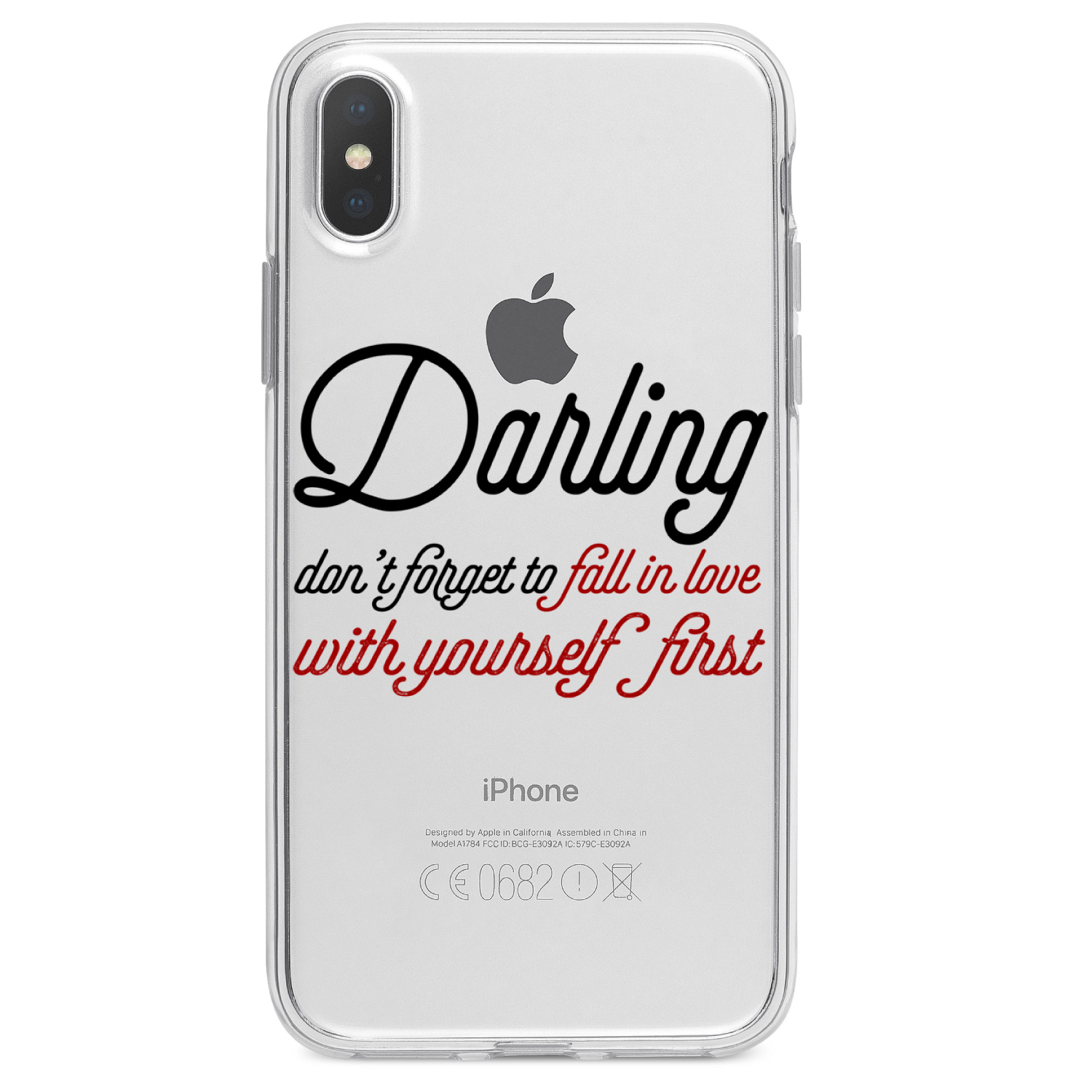 DistinctInk Clear Shockproof Hybrid Case for iPhone XS Max (6.5" Screen) - TPU Bumper Acrylic Back Tempered Glass Screen Protector - Darling Don't Forget to Fall In Love with Yourself - image 1 of 5