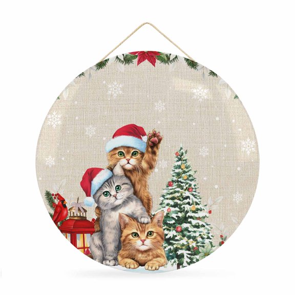 Welcome Sign for Front Door,Christmas Cats Round Metal Welcome Front Porch Decor,Xmas Tree Poinsettia Botanical Linen Texture Wall Hanging Sign for Living Room Kitchen Hallway Housewarming Gift 12''