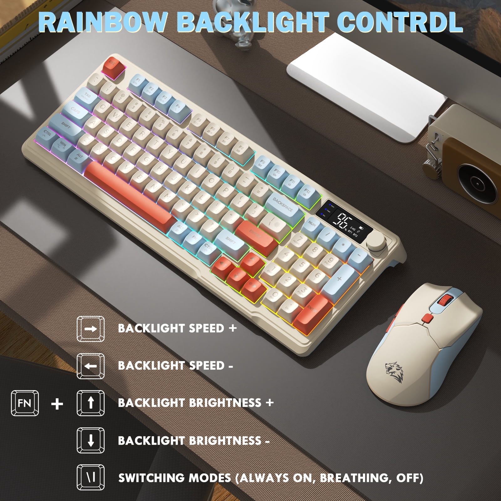 ZIYOU LANG T96 Wireless Gaming Keyboard and Mouse Combo, Dual Bluetooth//2.4G RGB Backlit Mechanical Feeling Keyboard with Smart Display & Knob, 4000 DPI Gaming Mouse for PC Laptop Mac Wins