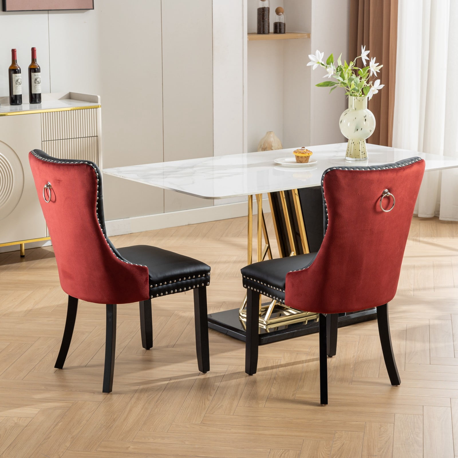 LegaHome Dining Room Chairs Set of 2, Modern Upholstered Velvet and PU Leather Dining Chair with Nailhead Trim&Solid Wood Legs, Tufted Button Padded Kitchen Dining Chairs Set, Black&Burgundy