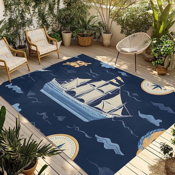 Fsddascl Navy Blue Boat Coastal Outdoor Rug for Patio/Deck/Porch, Non-Slip Large Area Rug 4 x 6 Ft, Summer Sea Beach Ocean Nautical Indoor Outdoor Rugs Washable Area Rugs, Camping Rug Carpet