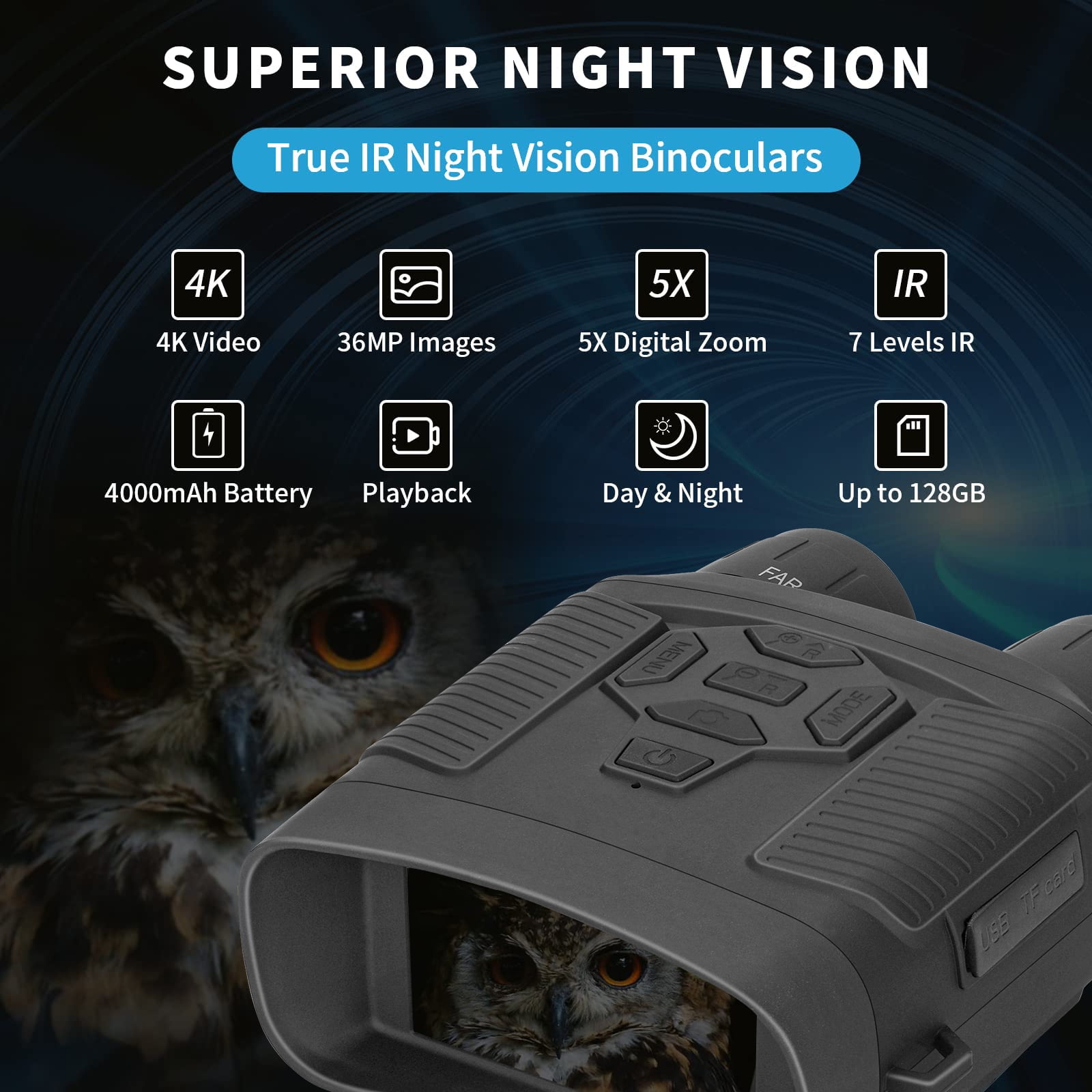 SuntekCam Night Vision Goggles Night Vision Binoculars with 32GB SD Card 36MP/4K 5x Zoom Suitable for Hunting at Night and Taking Pictures and Videos in Dark Environments