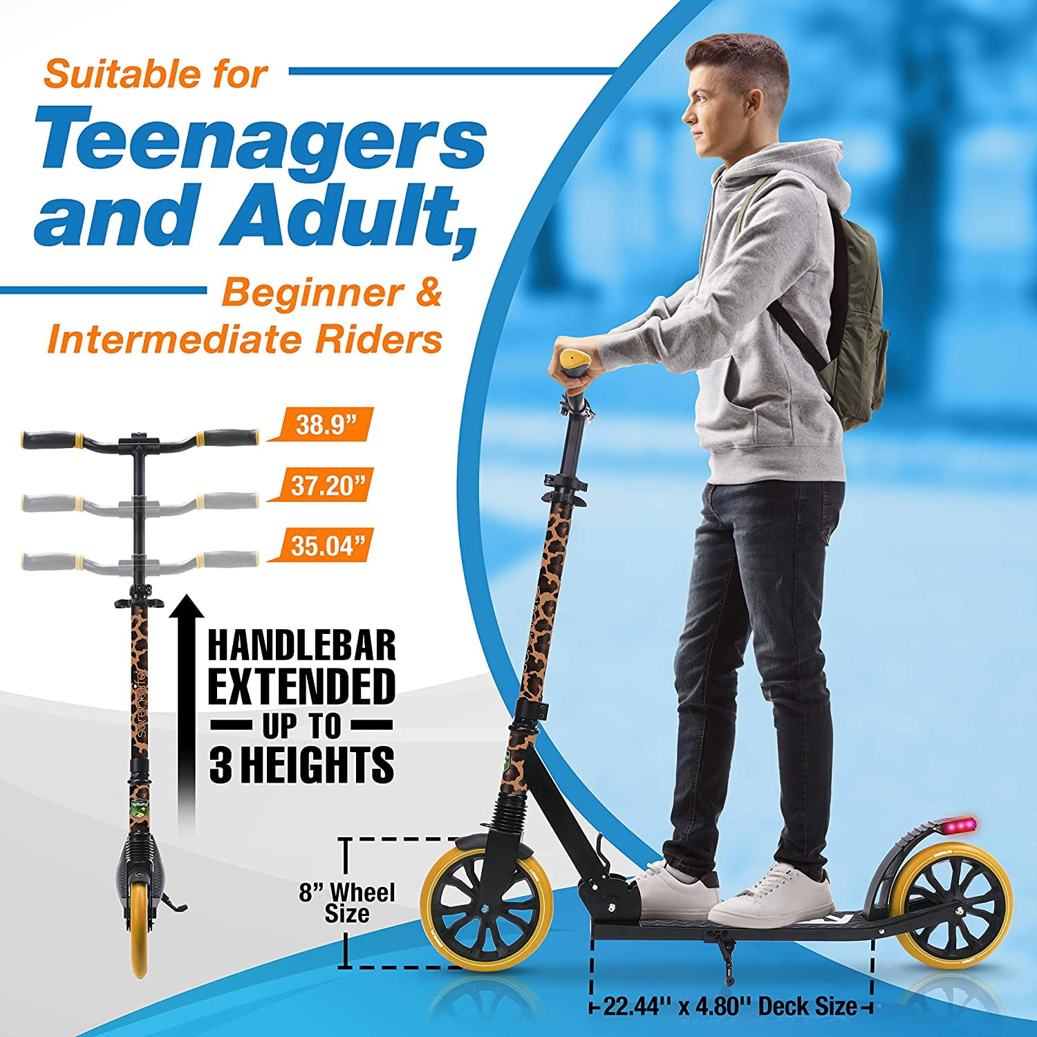 Serene Life Lightweight and Foldable Kick Scooter - Adjustable Scooter for Teens and Adult (Leopard)