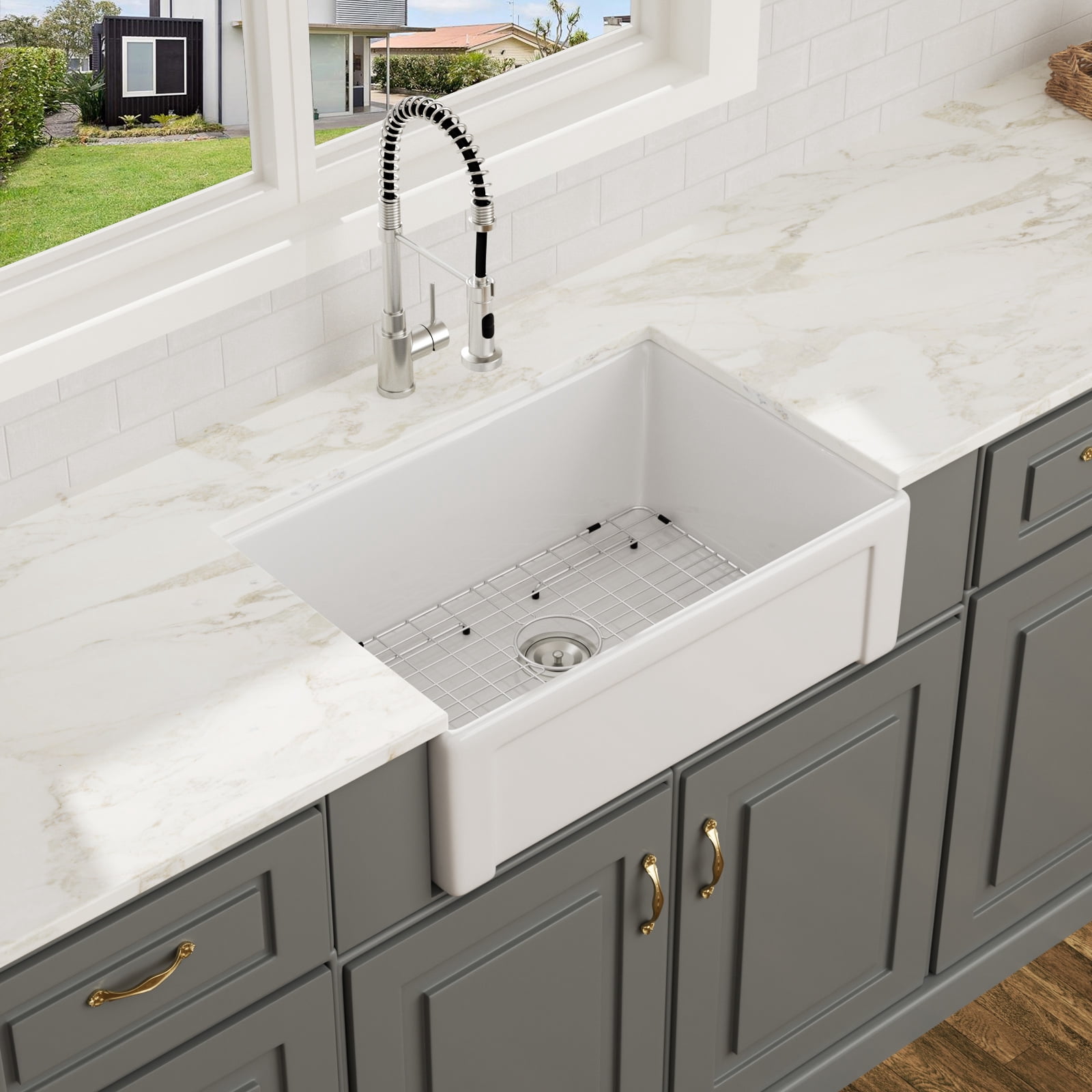 30"x 20" Rectangular Fireclay/Creamic Single Bowl Farmhouse Apron Kitchen Sink with Bottom Grid and Drain Strainer
