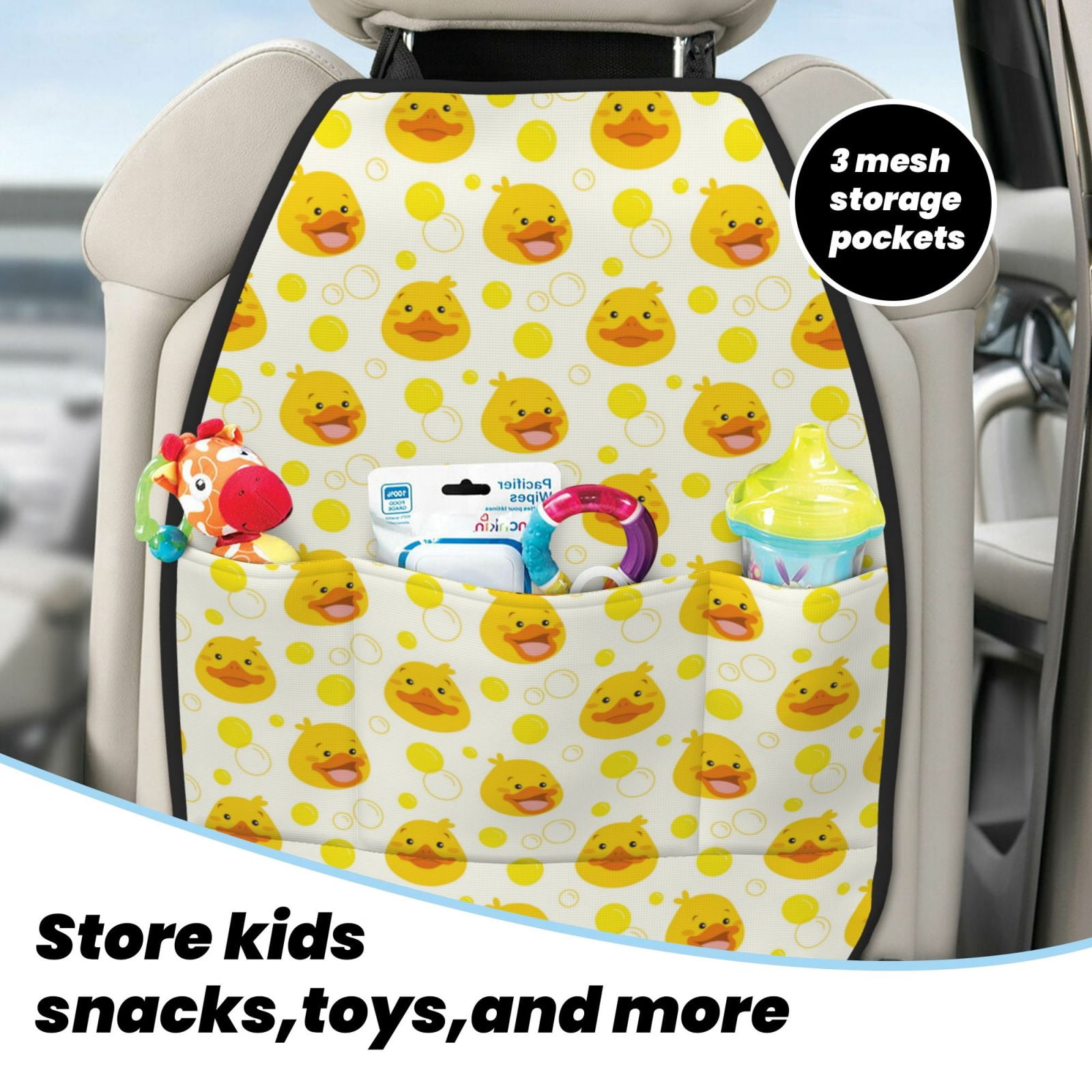 Xecao Ducky Cartoon Pattern Car Seat Back Protector 2 Pack Large Capacity Pocket, Kick Mats Back Seat Protector