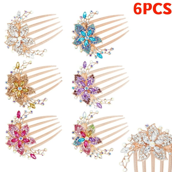 6 Pack Luxury Glitter Sparkly Jeweled Gems Rhinestones Decorative Gold Metal Hair Side Combs Slides with Teeth Hair Bun Clips Updo Accessories Crystal Flower Hair Pin Barrettes for Women Girls