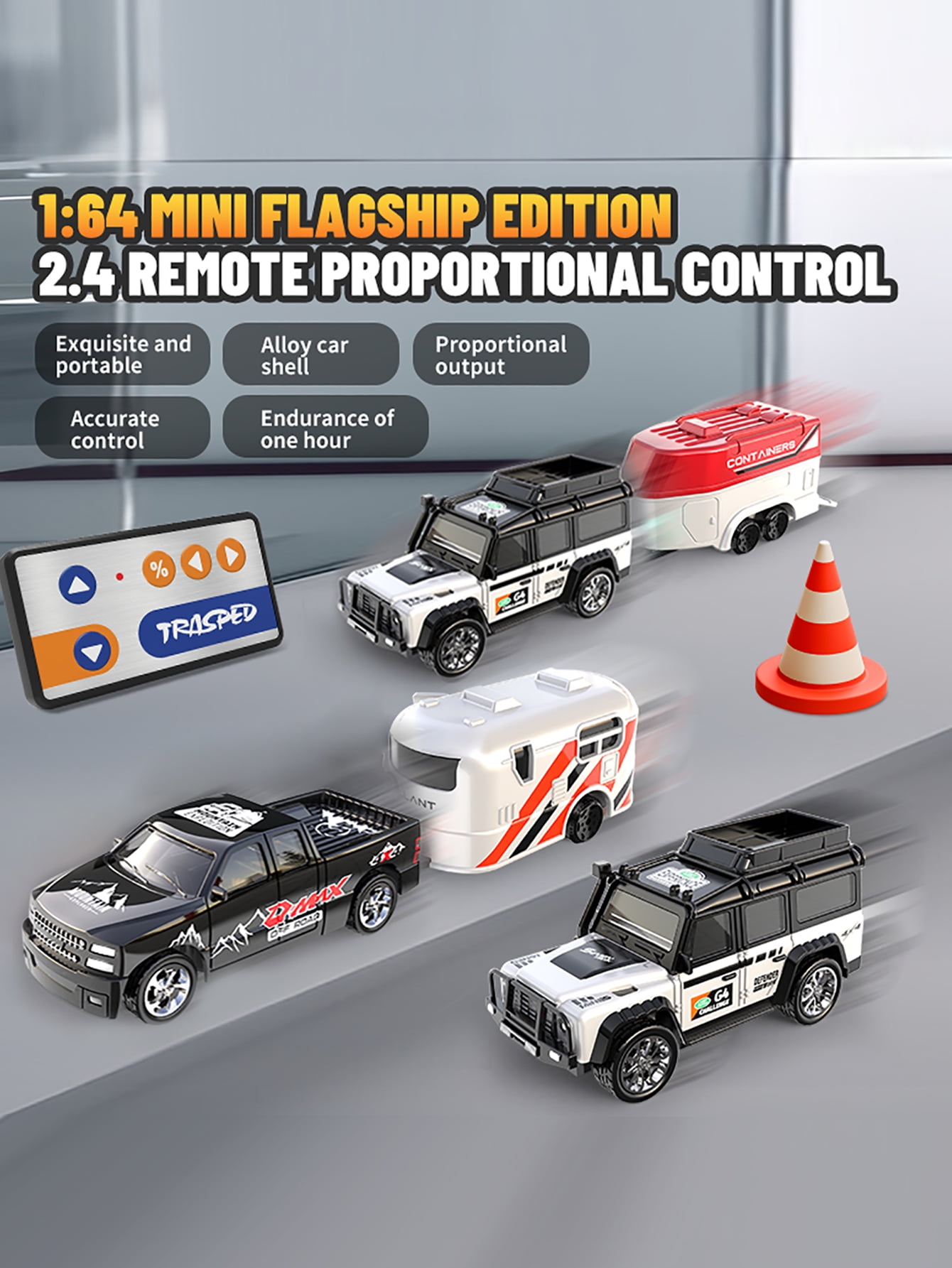 1: 64 mini remote control car with trailer, multi-channel control, alloy anti drop, can be towed for storage