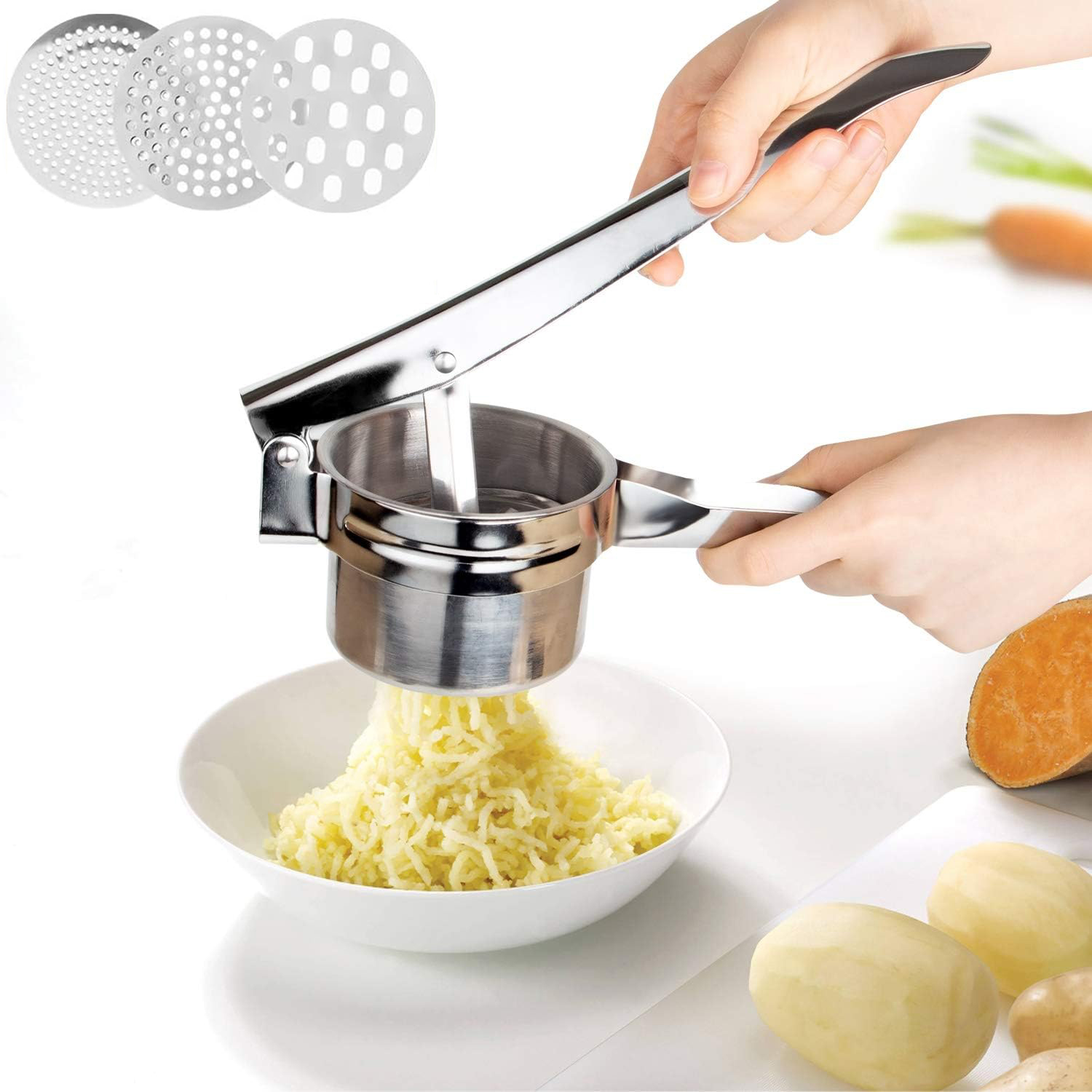 Stainless Steel Potato Ricer with 3 Interchangeable Discs, Press and