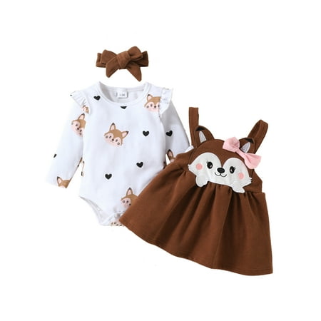 

Baby Girls Autumn Outfits Long Sleeve Romper Tops and Fox Pattern Suspender Skirt Headband Clothes Sets