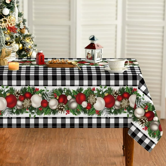 Christmas Tablecloth 60×60 Inch Square, Christmas Ball Ornaments Black Bufalo Plaid Washable Table Cover for Party Picnic Dinner Decor