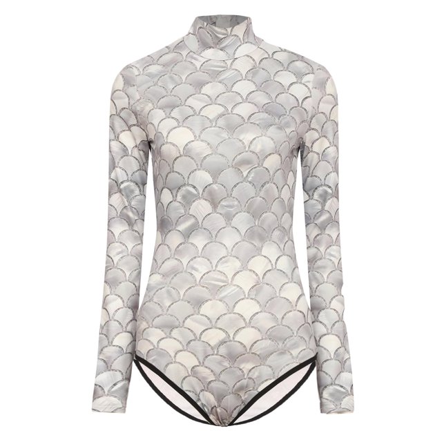 TiaoBug Women One Piece Long Sleeve Rash Guard UV Protection Surfing Mermaid Fish Scale Swimsuit Swimwear Bathing Suit Champagne L