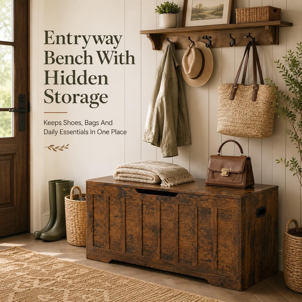 47.2" Storage Chest for Bedroom, Extra Large Wooden Storage Trunk with 2 Safety Hinges, Entryway Storage Bench, Blanket Chest and Storage Bench for Bedroom, Living Room, Hallway