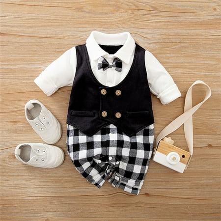 

Baby Boys Infant Gentleman Outfit Suits Toddler Romper One-piece Romper & Detachable Bowtie (0-18 Months)